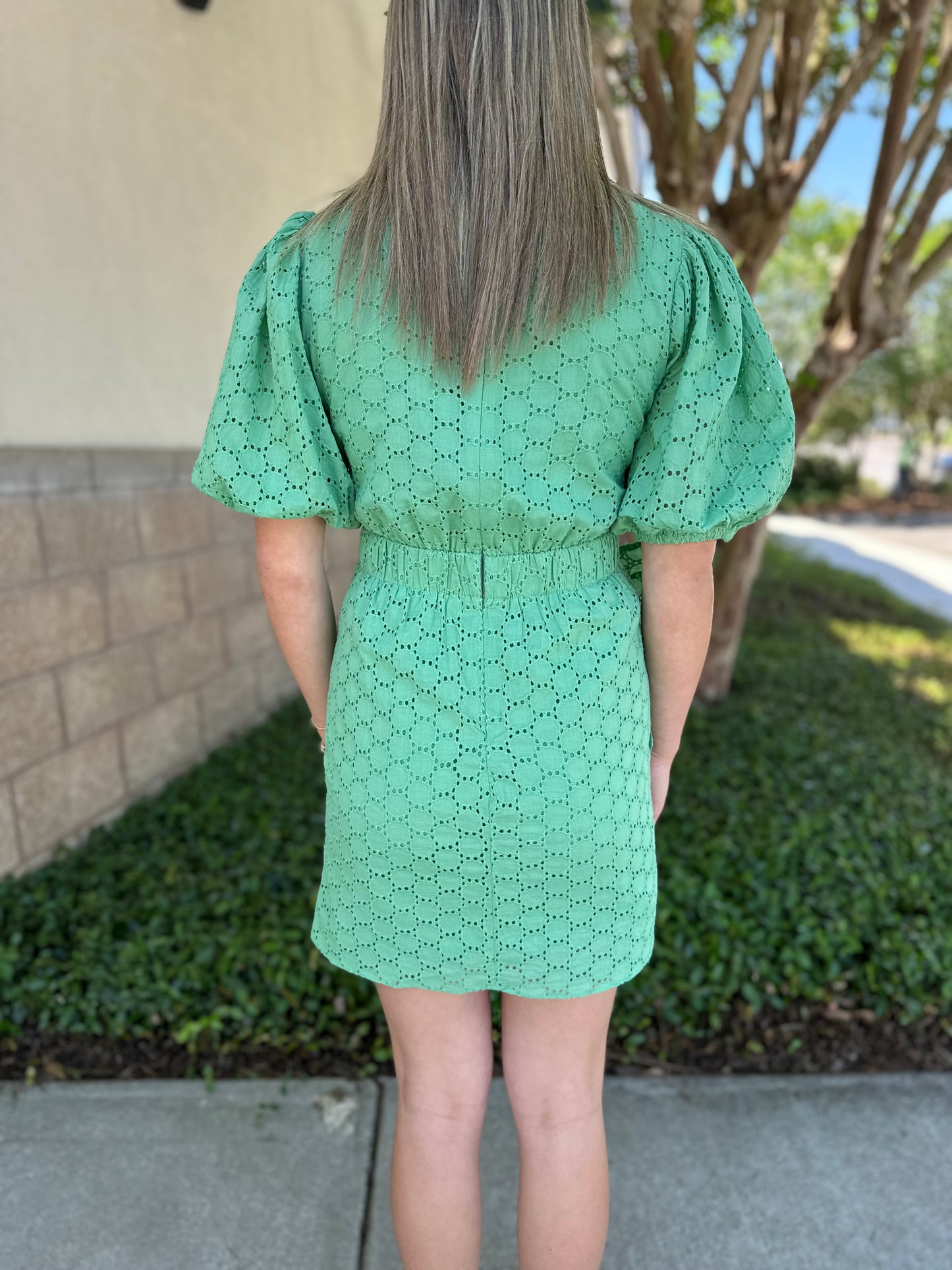 Eyelet Circle Side Ruffle Dress - Green