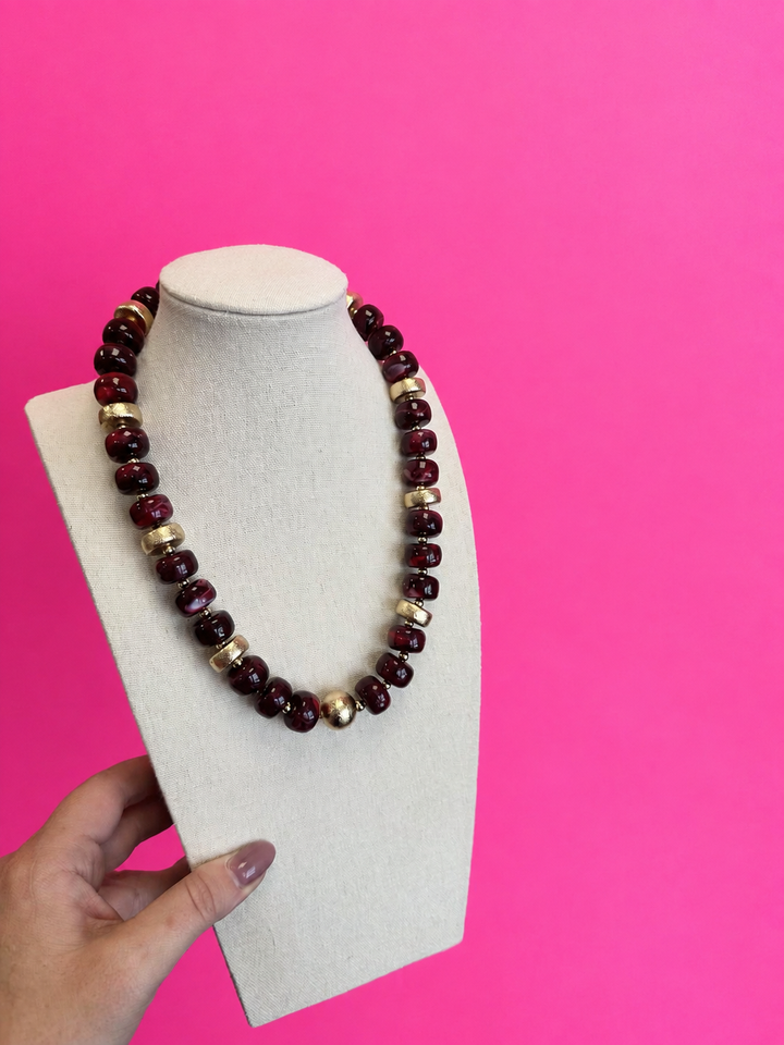 Statement Bead with Mix Gold Statement Bead Necklace - Maroon