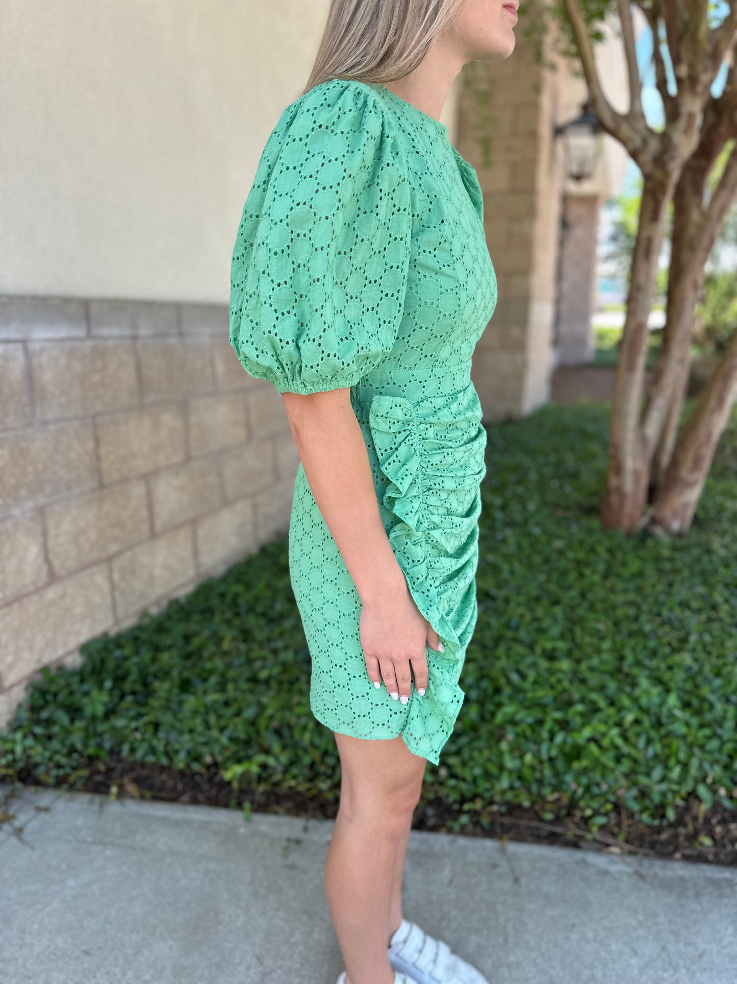 Eyelet Circle Side Ruffle Dress - Green