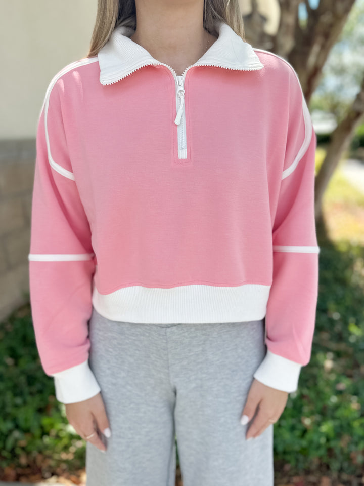 Simply Contrast Quarter Zip - Petal