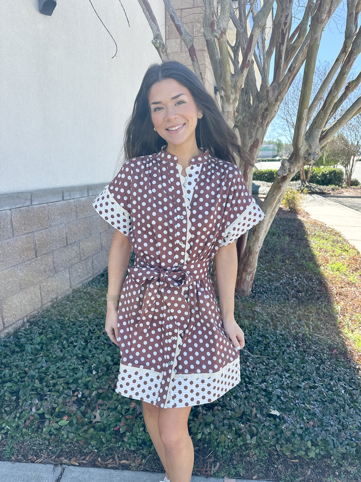 Cocoa Polkadot Belted Dress