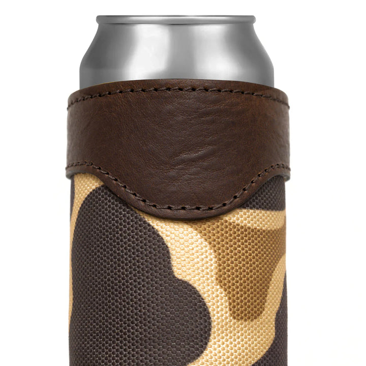 Mission Mercantile Campaign Leather Slim Can Koozie - Smoke Vintage Camo