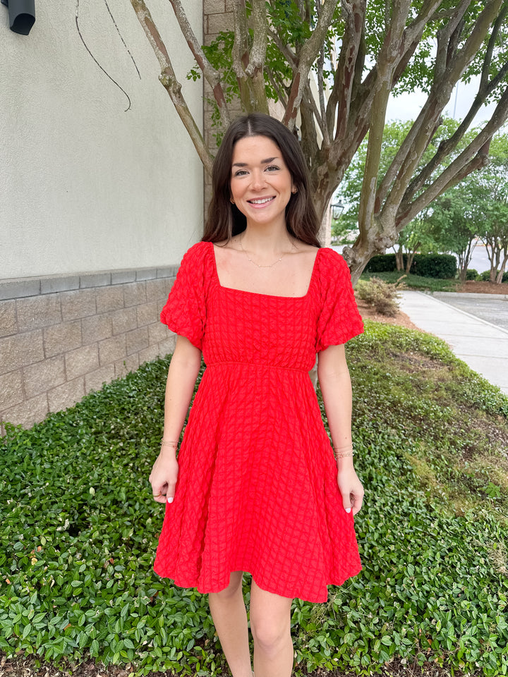 Jude Textured Puff Sleeve Mini Dress - Red