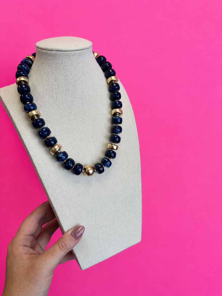 Statement Bead with Mix Gold Statement Bead Necklace - Navy