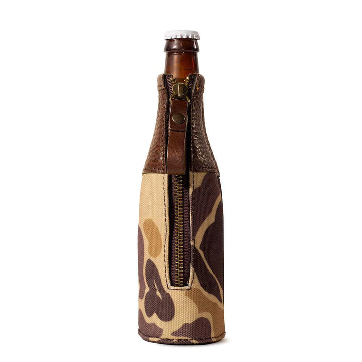 Mission Mercantile Campaign Leather Bottle Koozie - Smoke Vintage Camo