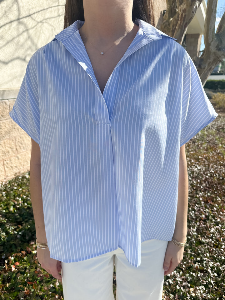 Helen Signature Collar Top - Blue & White Stripe