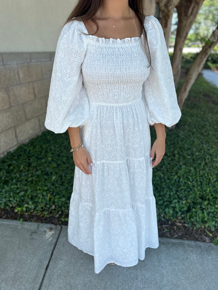 Eyelet Bow Back Smock Tier Maxi Dress