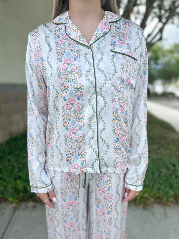 Charlotte Ivy Lane Satin Pajama Pant Set - Ivory