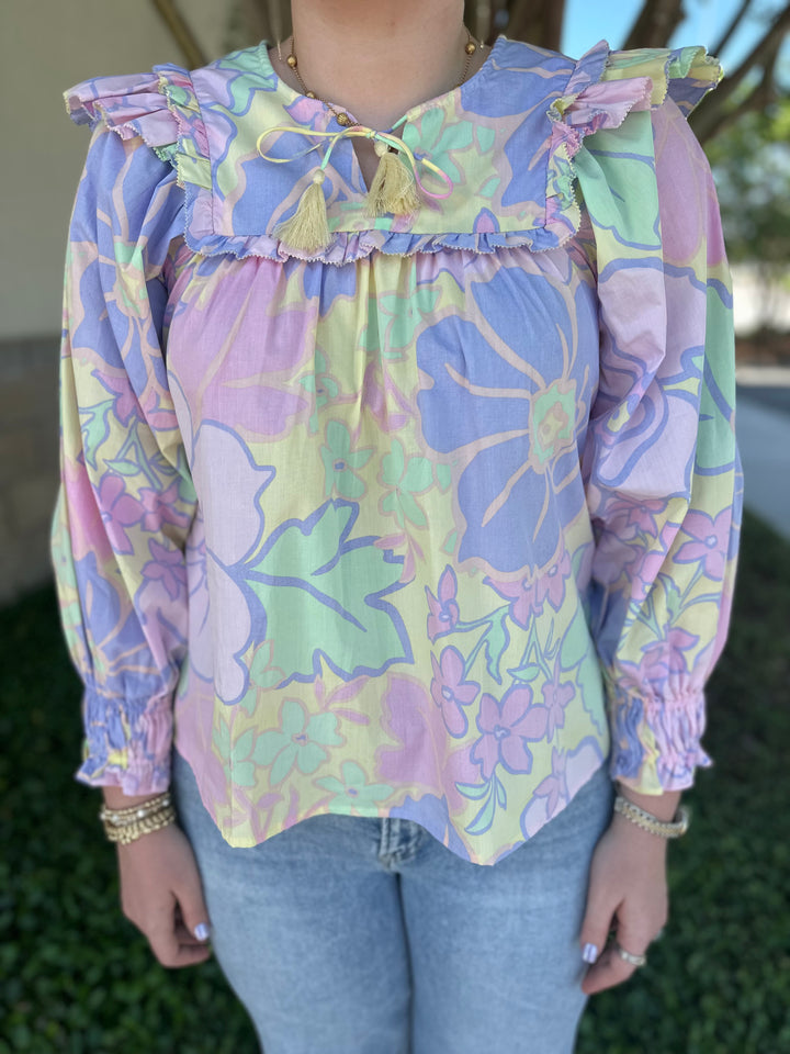 Poplin Pastel Floral Ruffle Top