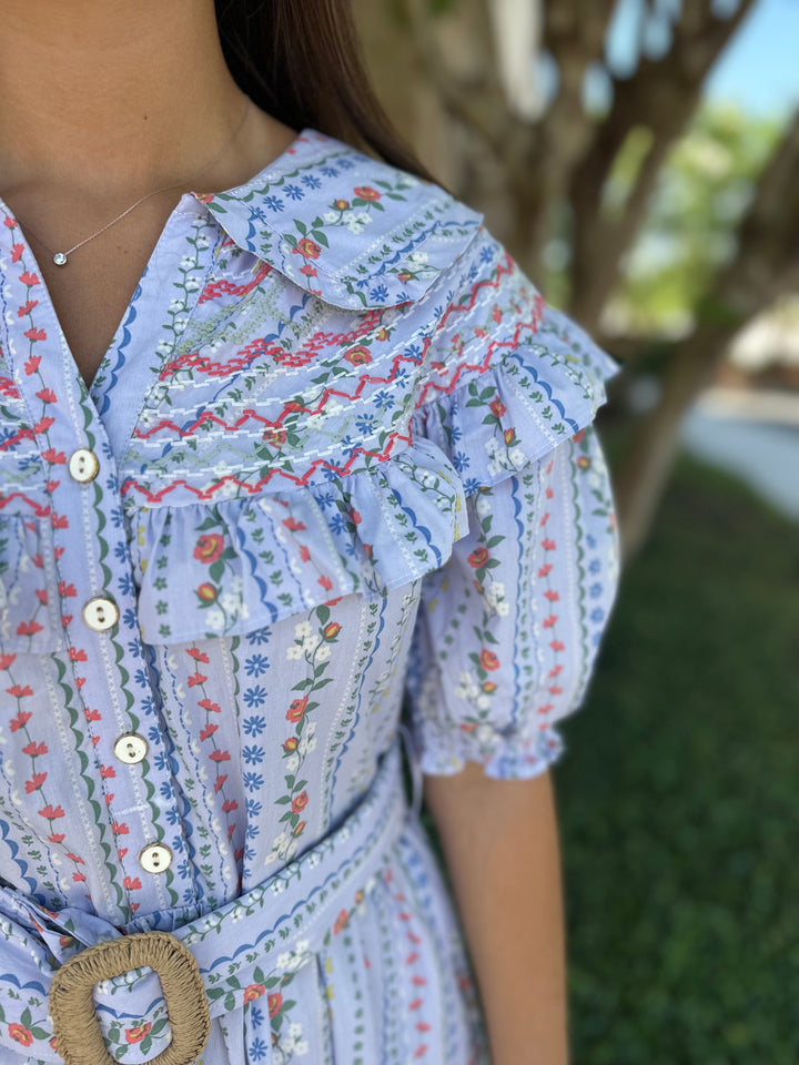 French Floral Vine Belted Maxi Dress