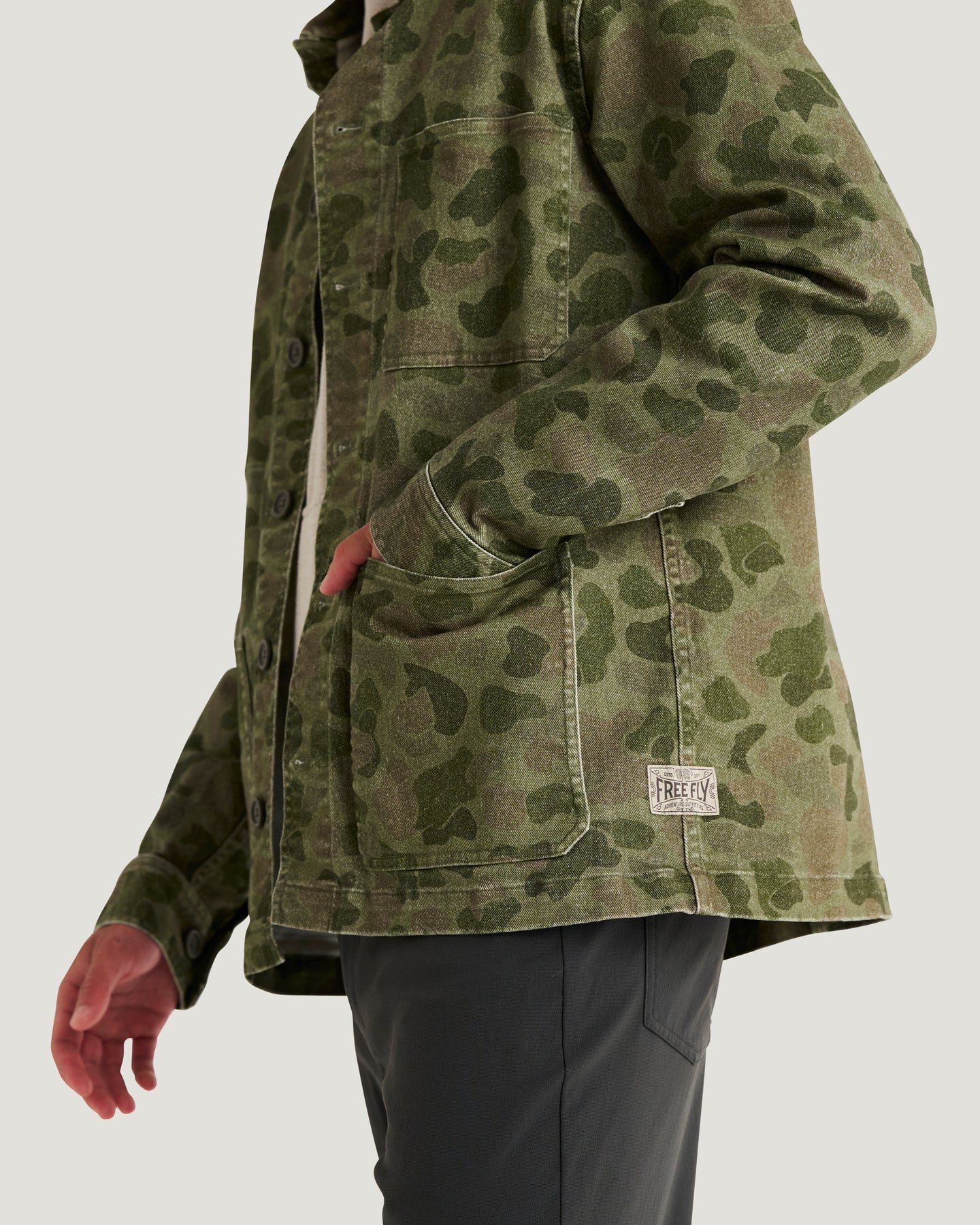 Free Fly Men’s Folly Twill Chore Coat - Vintage Camo Oil Green