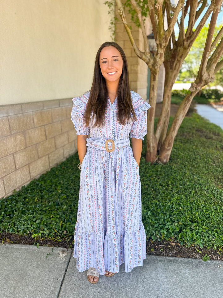 French Floral Vine Belted Maxi Dress