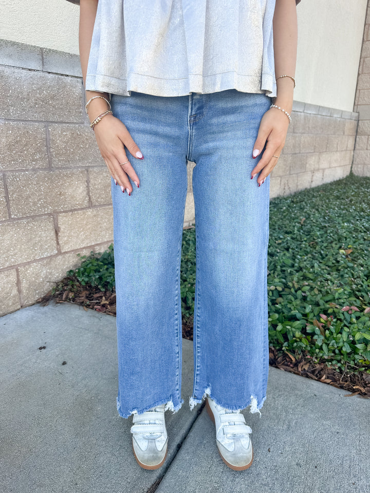 Risen Ella - High Rise Crop Wide-Step Hem Jeans Medium