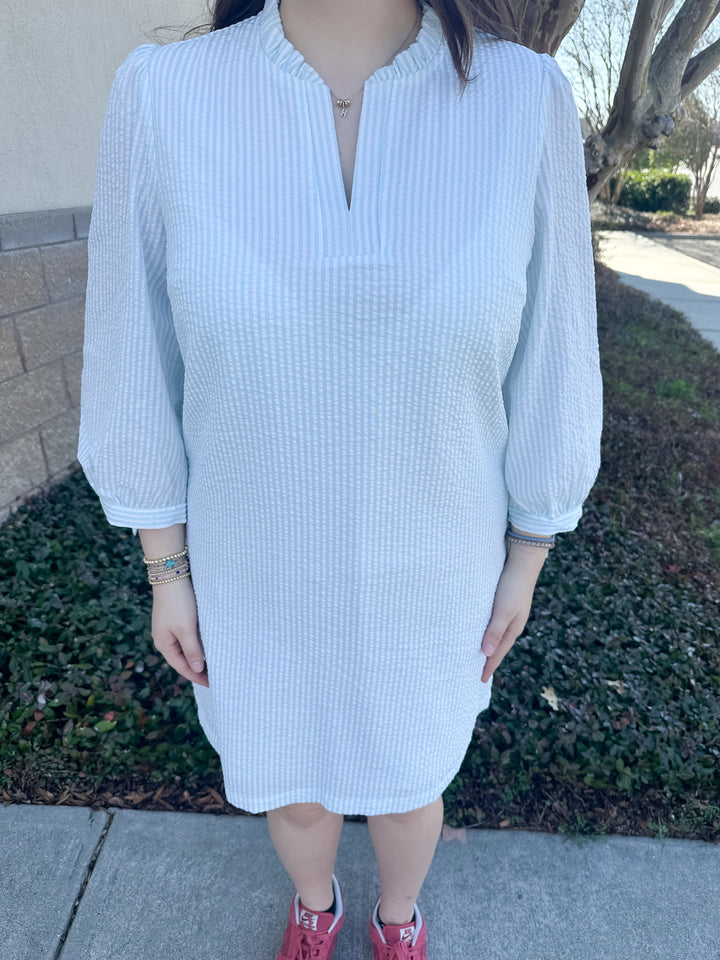 Lainey Seersucker Dress - Seafoam & White