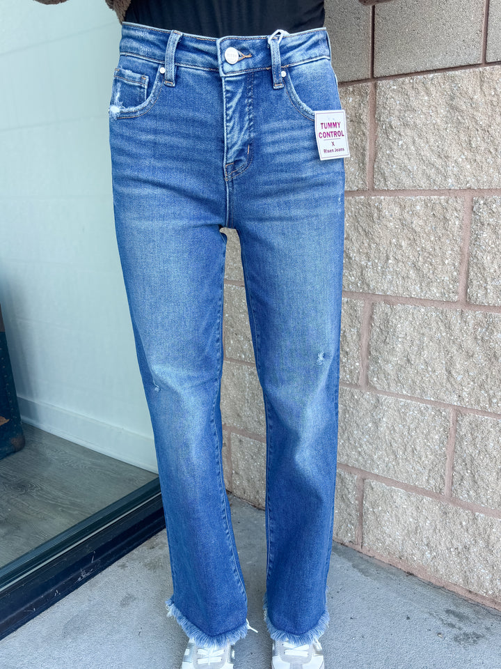 Risen Beth - Mid Rise Ankle Straight Fray Jeans - Dark