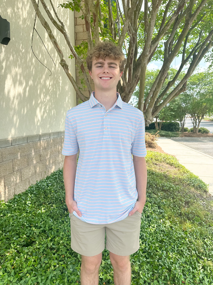 SPC Men’s Bayside Stripe Performance Polo - White/Hawaiian Blue