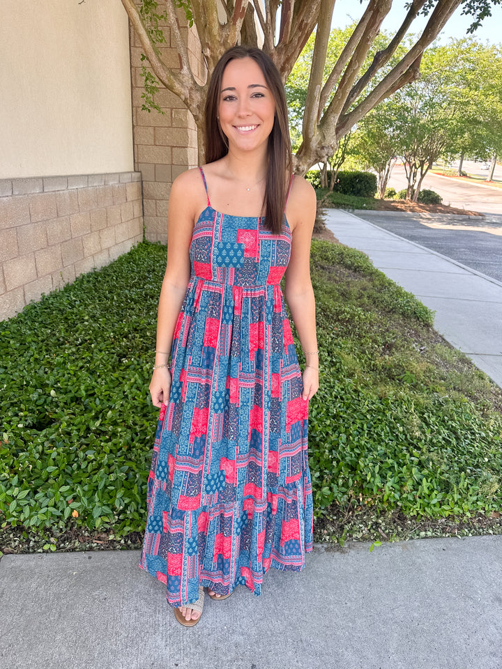 Margie Tiered Dress - Red & Blue