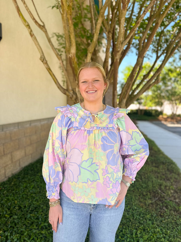Poplin Pastel Floral Ruffle Top