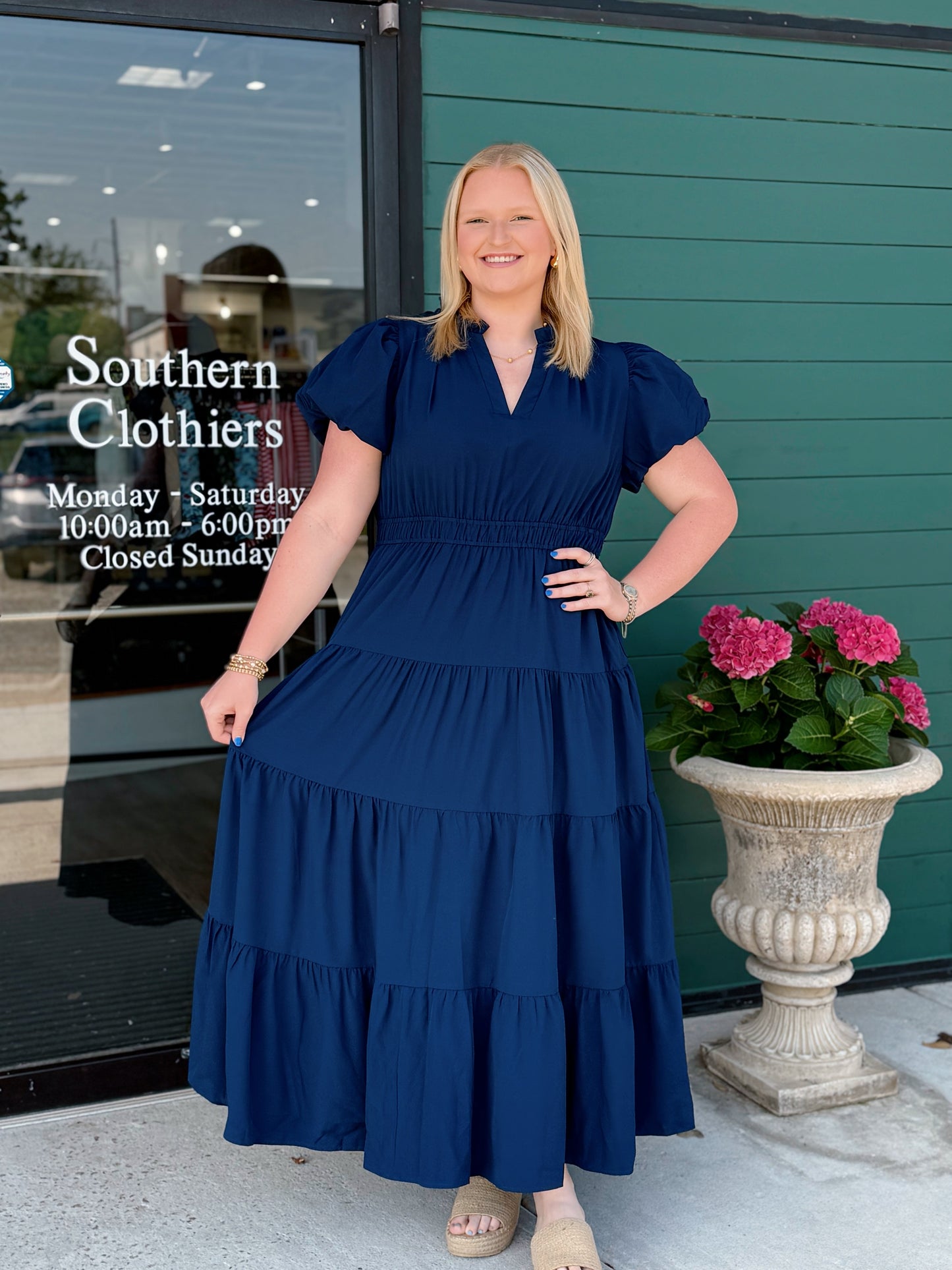 Jade Tiered Puff Sleeve Maxi - Navy Plus