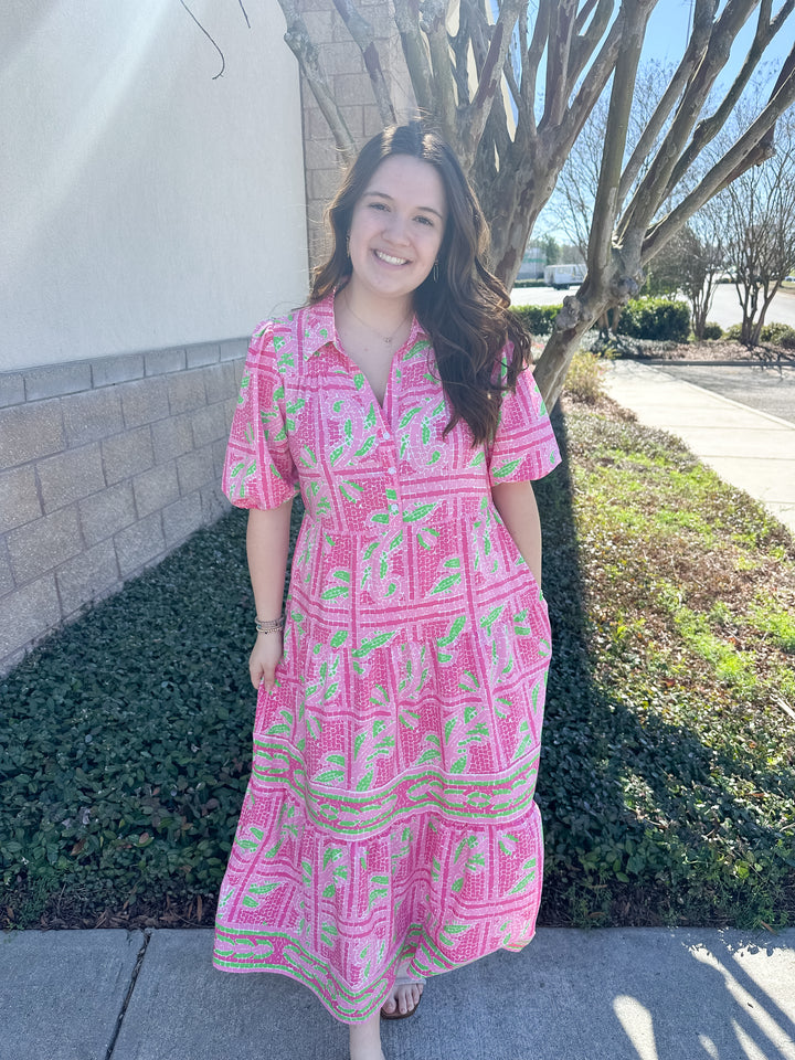 Eloise Dress - Trellis Tiles Pink