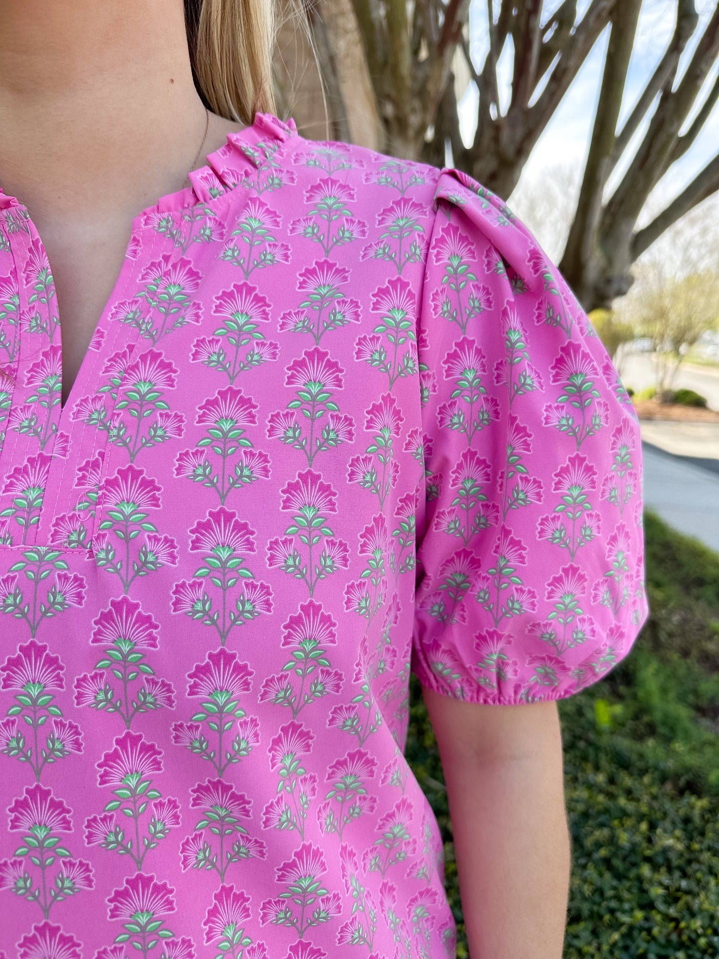 Lainey Top - Deco Lillies Fuchsia