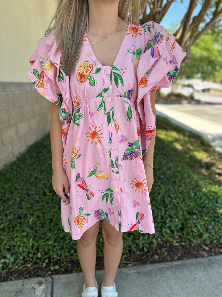 Toucan Fruit Ruffle Dress
