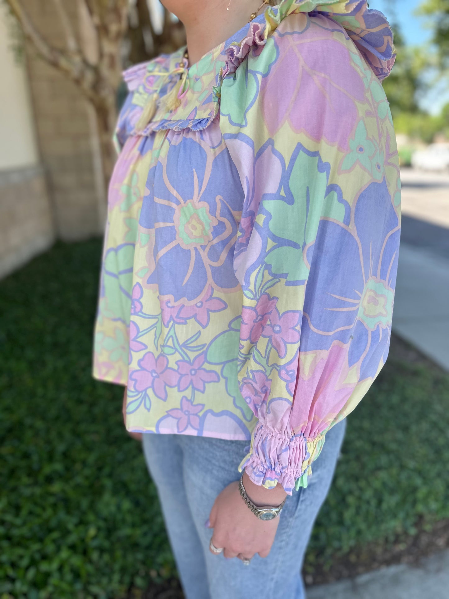 Poplin Pastel Floral Ruffle Top