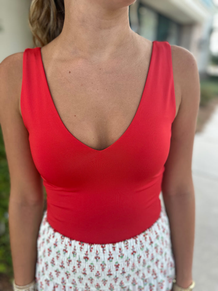 Scarlet V-Neck Bodysuit - Red