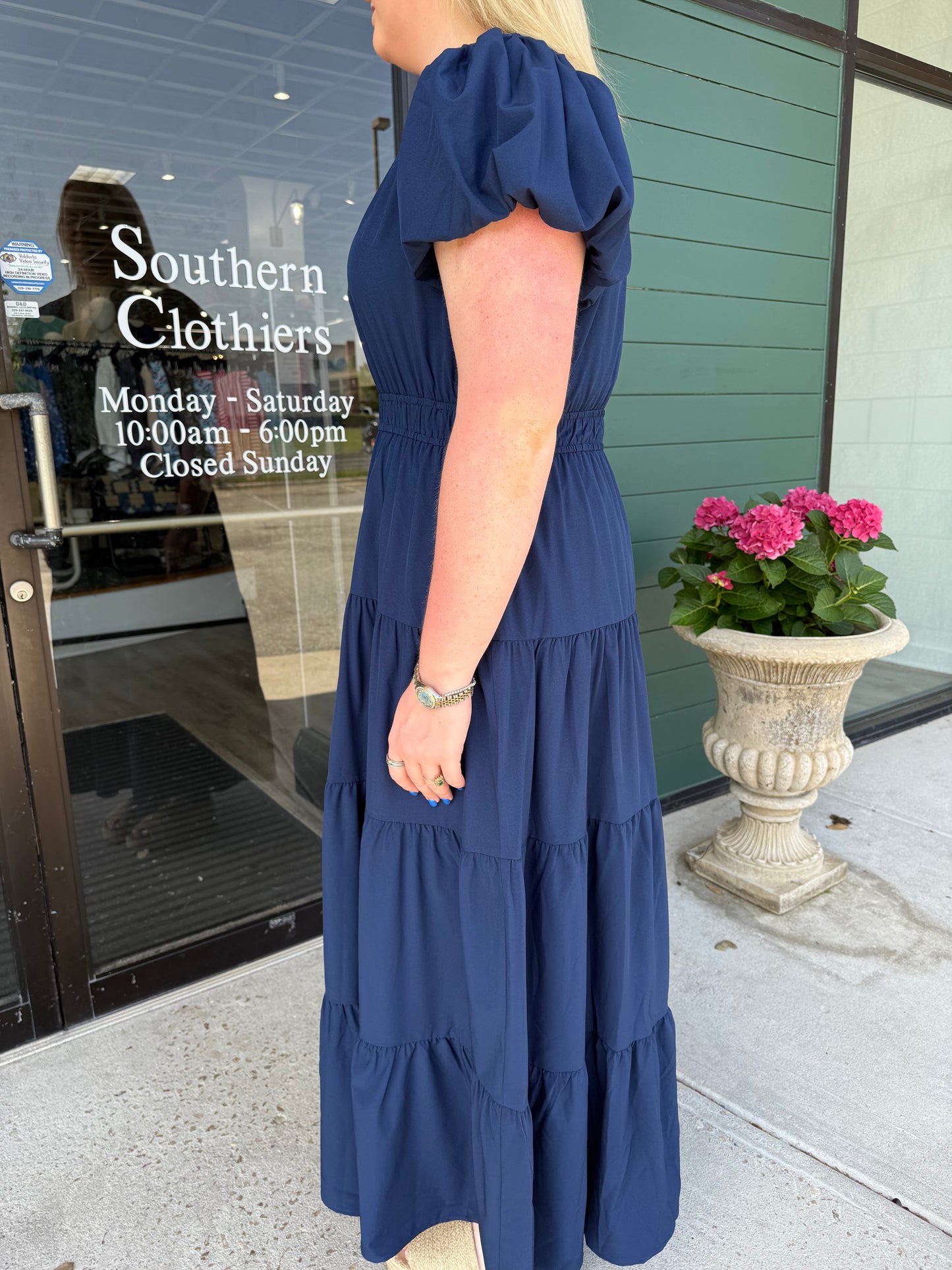 Jade Tiered Puff Sleeve Maxi - Navy Plus