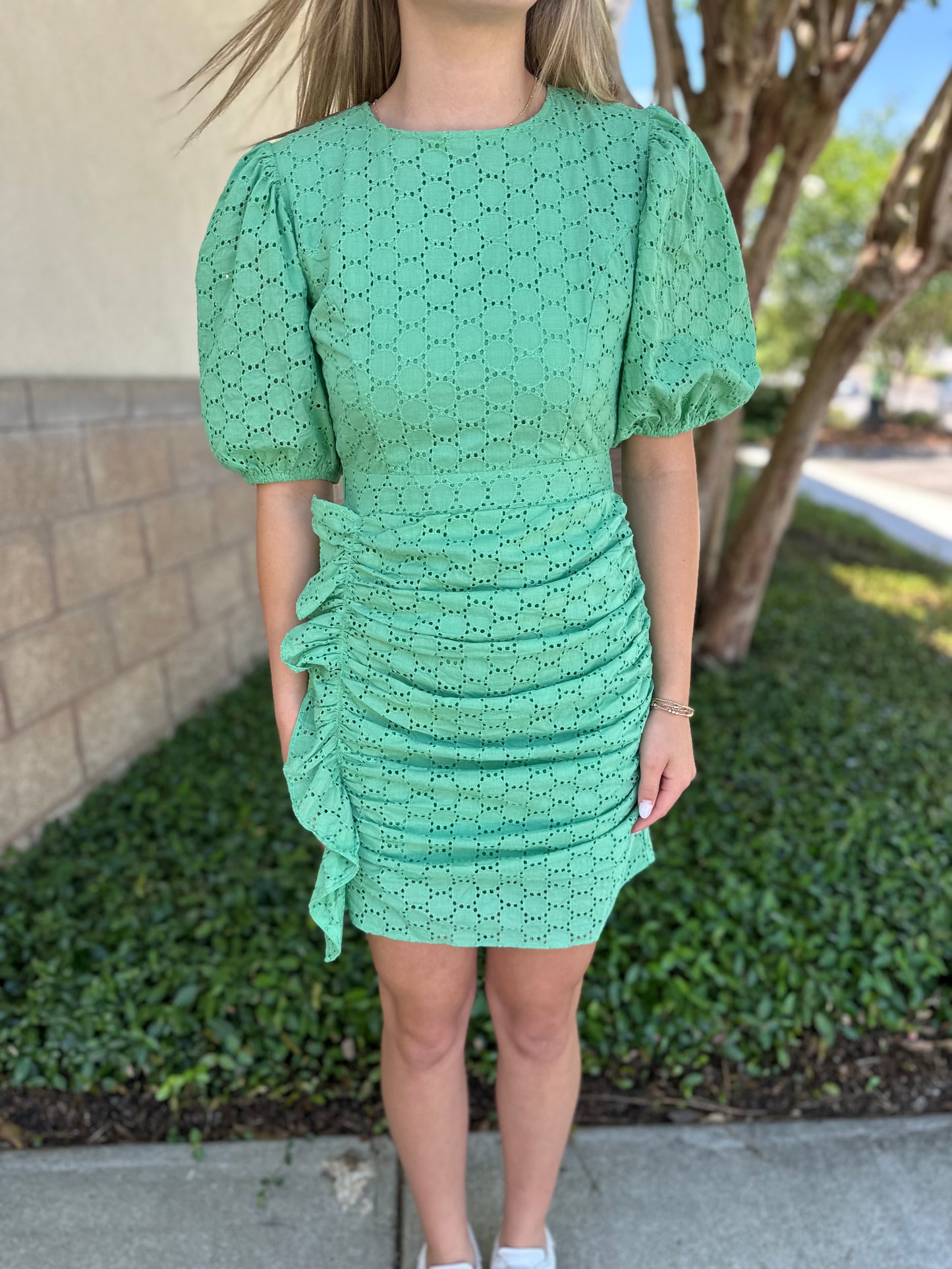 Eyelet Circle Side Ruffle Dress - Green