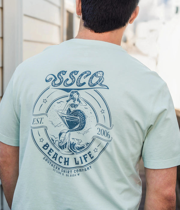 SSCO Men’s Beach Life Badge S/S Pocket T-Shirt - Cool Mist