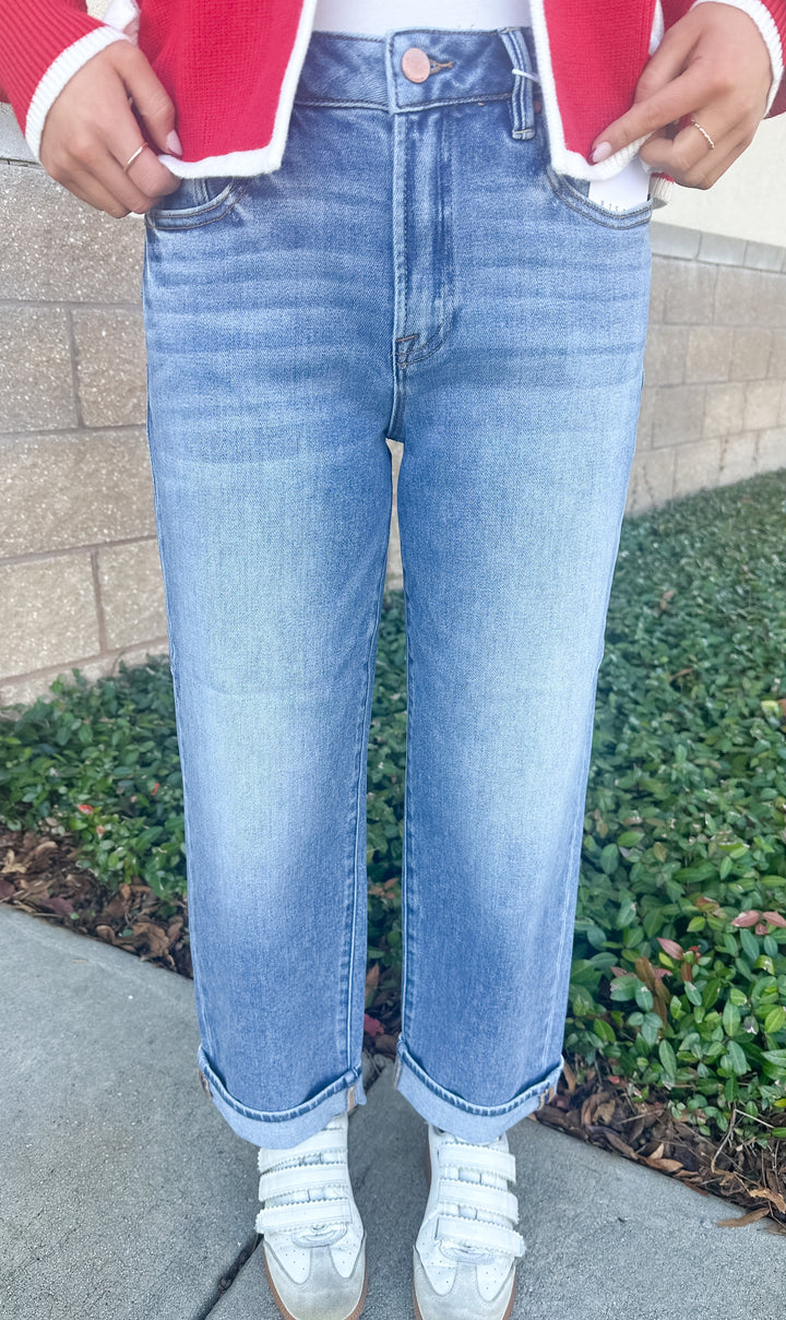 Risen Elise - Mid Rise Medium Wash Ankle Boyfriend Cuffed Jeans