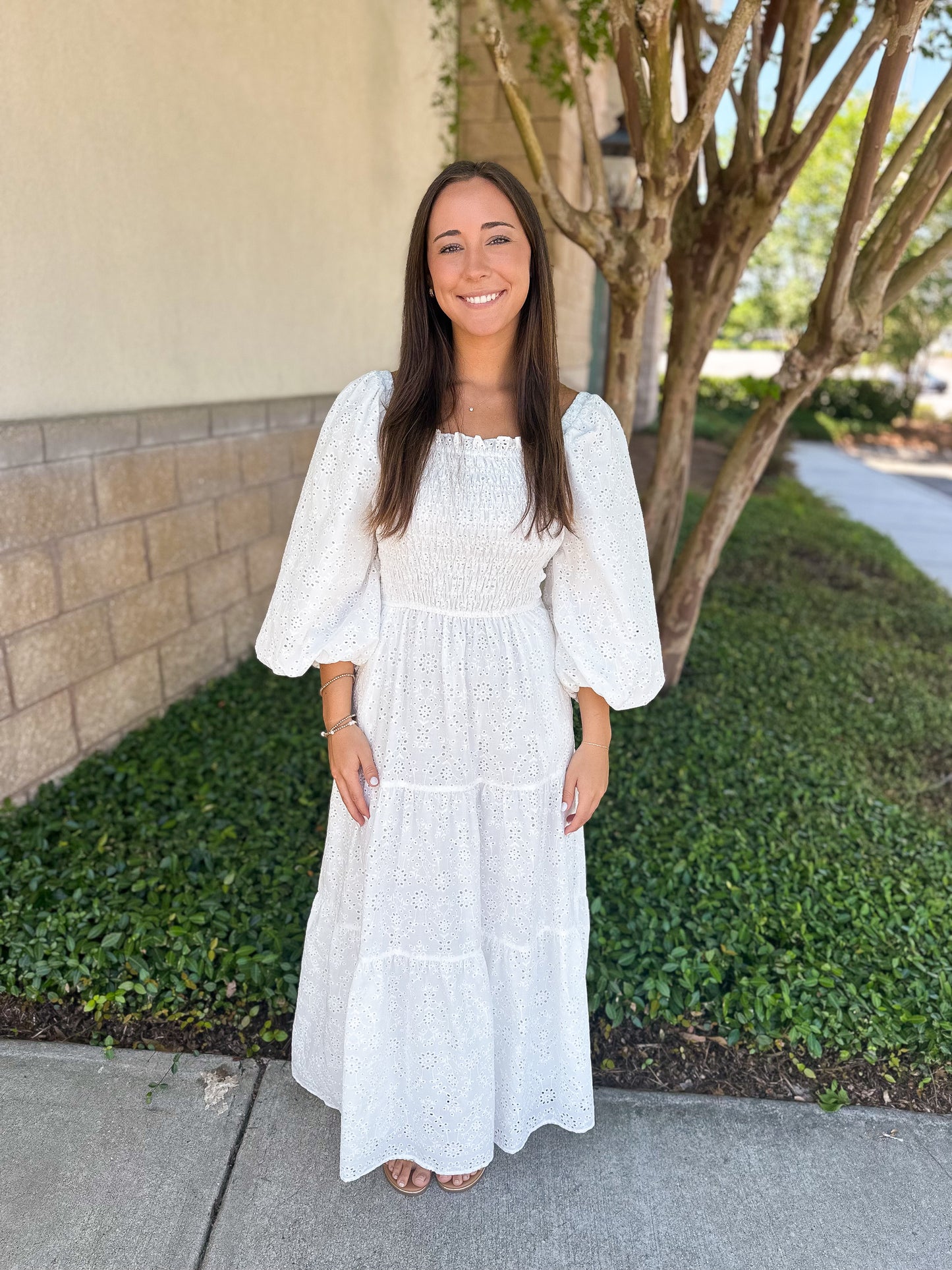 Eyelet Bow Back Smock Tier Maxi Dress