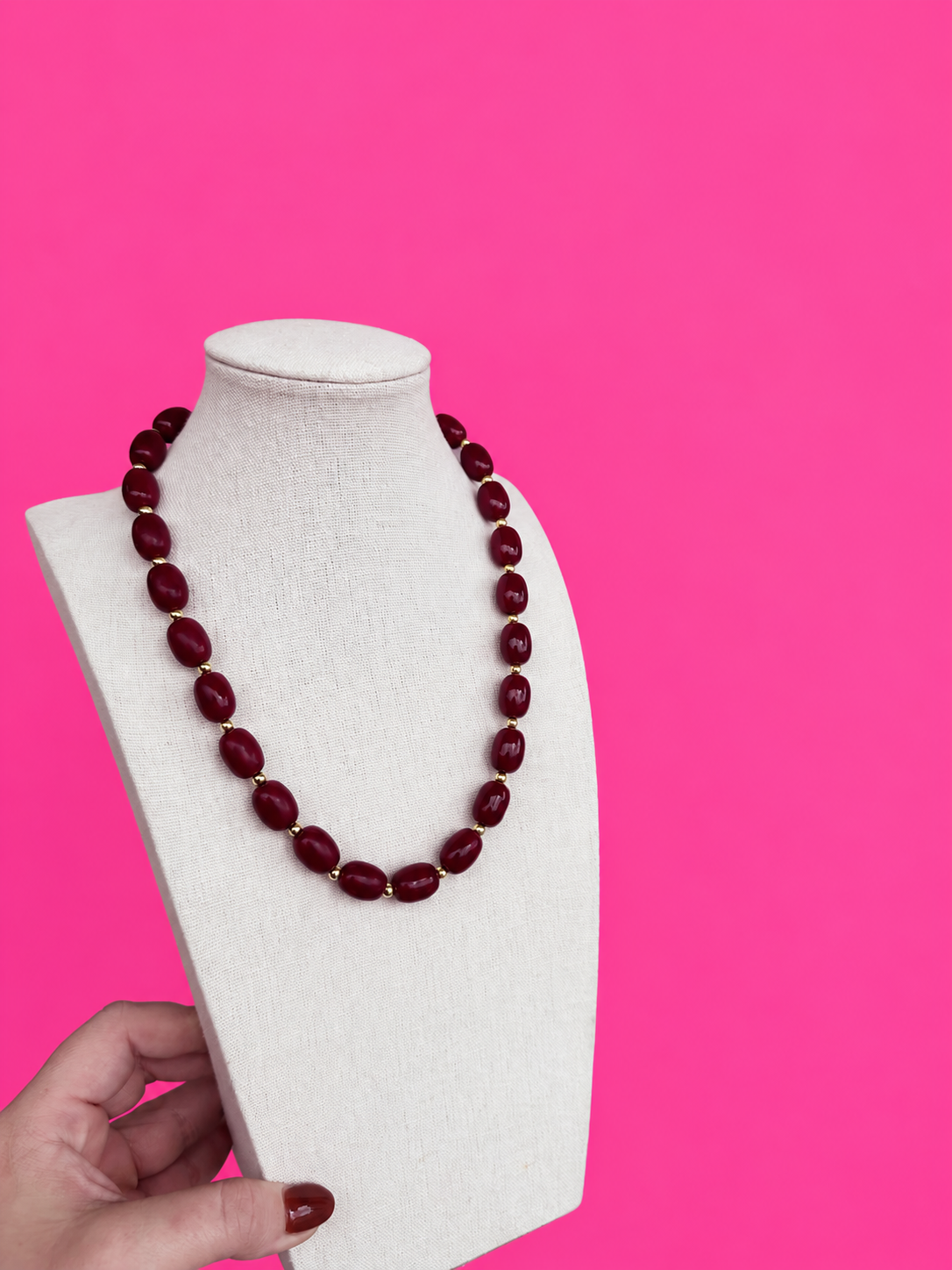 Chunky Bead with Gold Necklace - Maroon