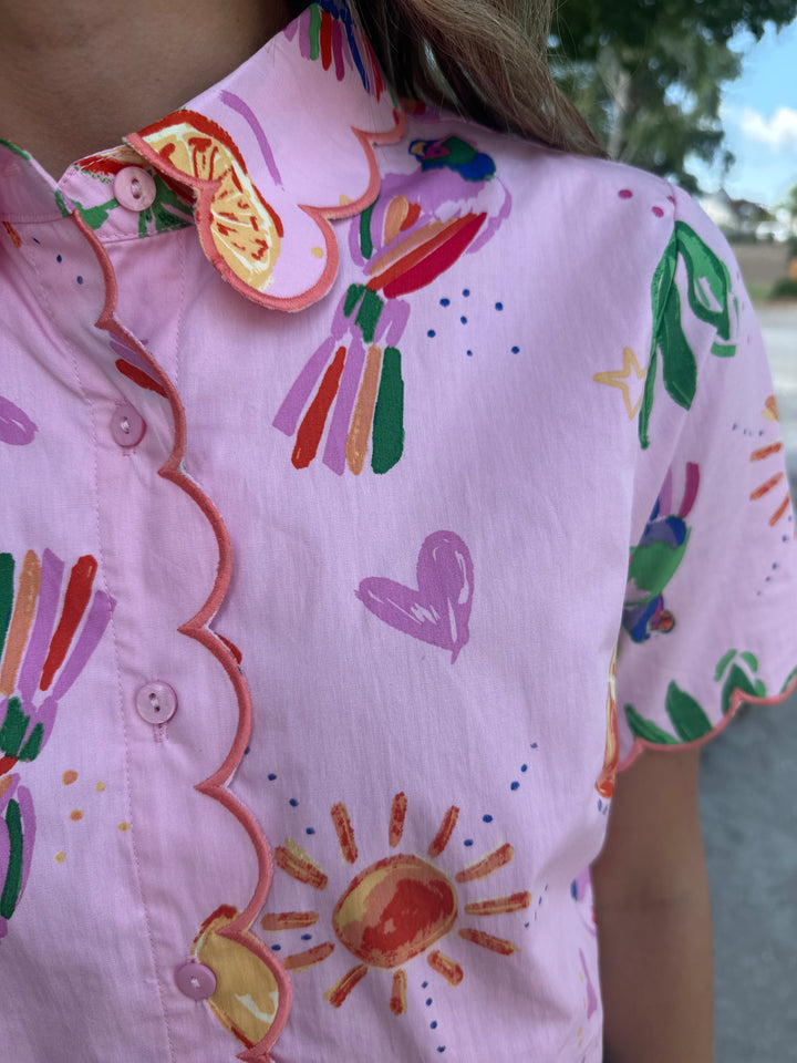 Toucan Fruit Scallop Button Top
