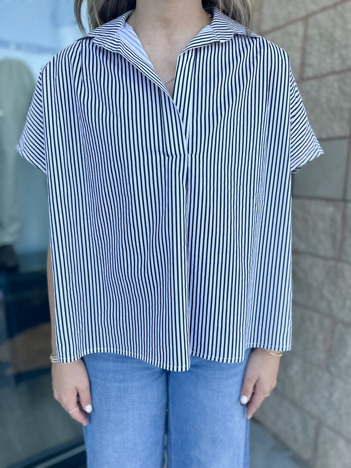 Helen Striped Signature Collar Top - Black