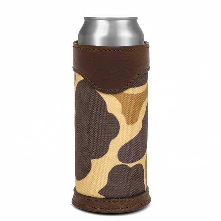 Mission Mercantile Campaign Leather Slim Can Koozie - Smoke Vintage Camo