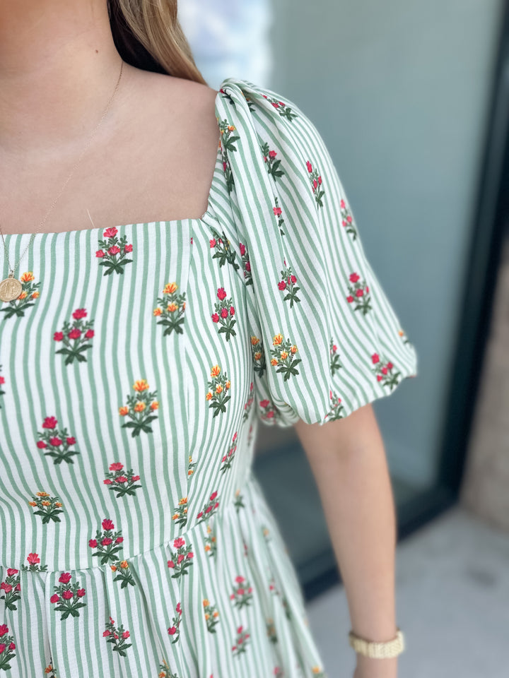 Alexi Dress - Cottage Stripes Green