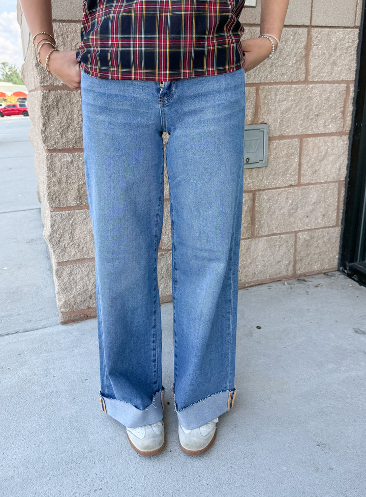 Risen Lexi Wide Leg Cuffed Jeans - Medium