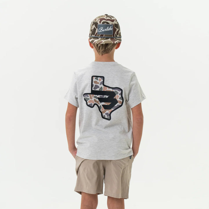 Burlebo Youth Texas Camo Flying B Logo S/S T-Shirt - Heather Ash Grey