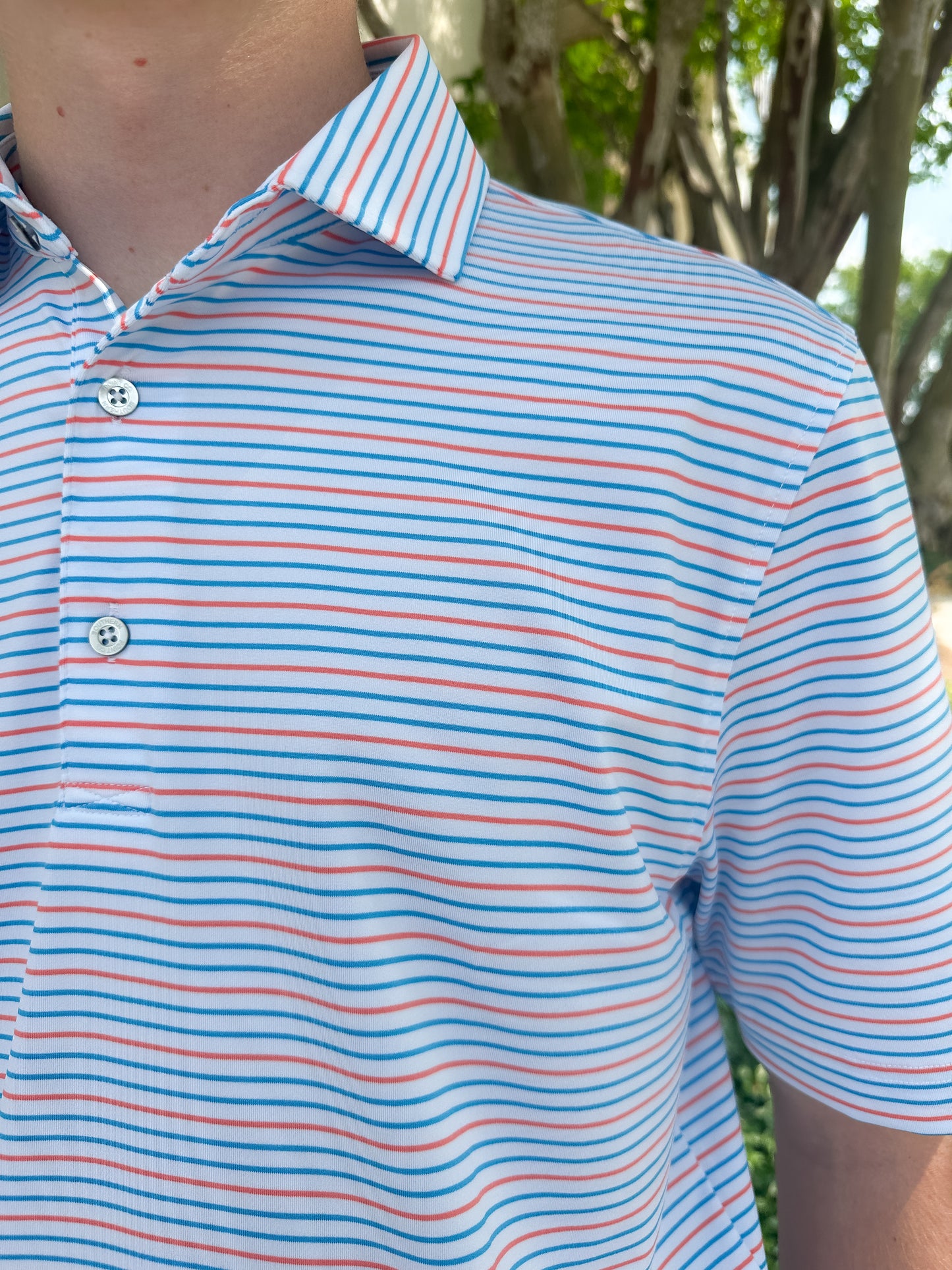 SPC Men’s Bayside Stripe Performance Polo - White/Hawaiian Blue