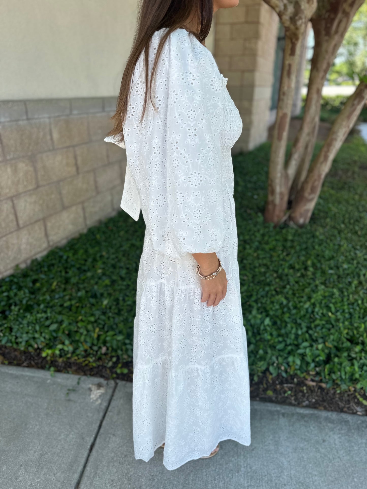 Eyelet Bow Back Smock Tier Maxi Dress