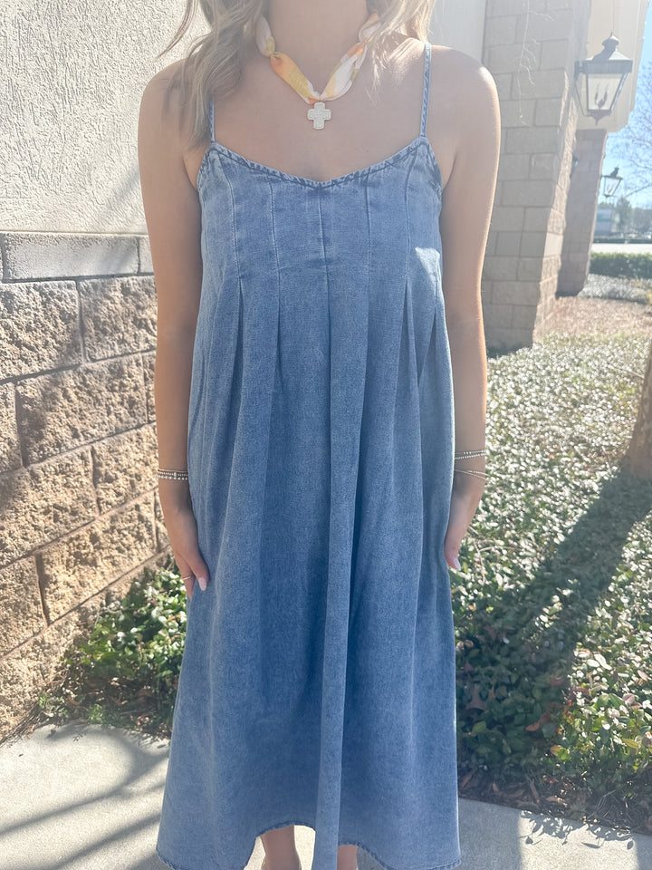 Blue Ridge Denim Pleated Midi Dress