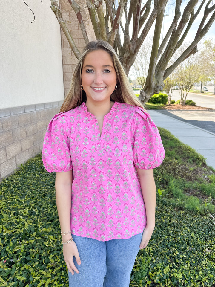 Lainey Top - Deco Lillies Fuchsia