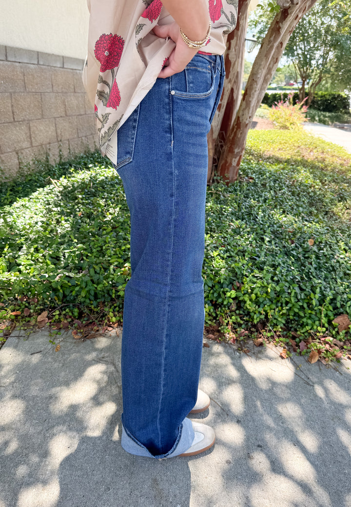 Risen Deidre TC Wide Leg Cuffed Jeans - Dark