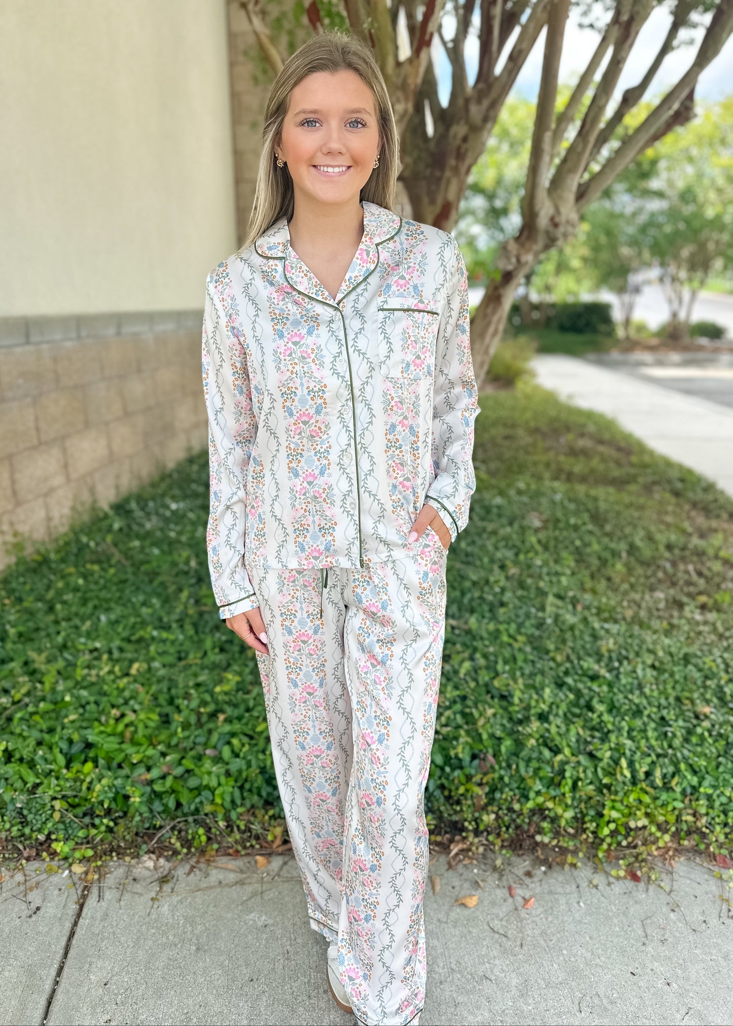 Charlotte Ivy Lane Satin Pajama Pant Set - Ivory