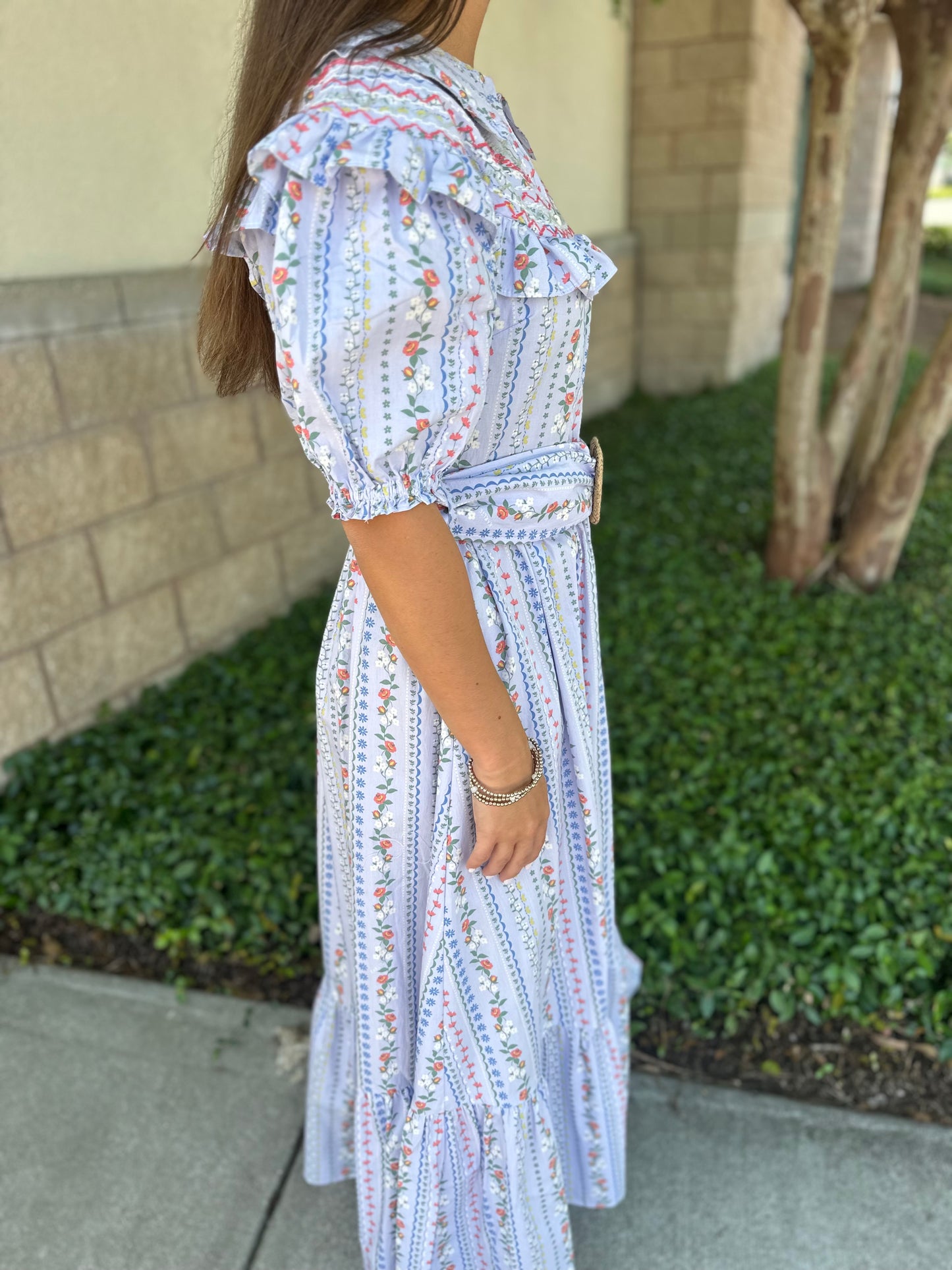 French Floral Vine Belted Maxi Dress
