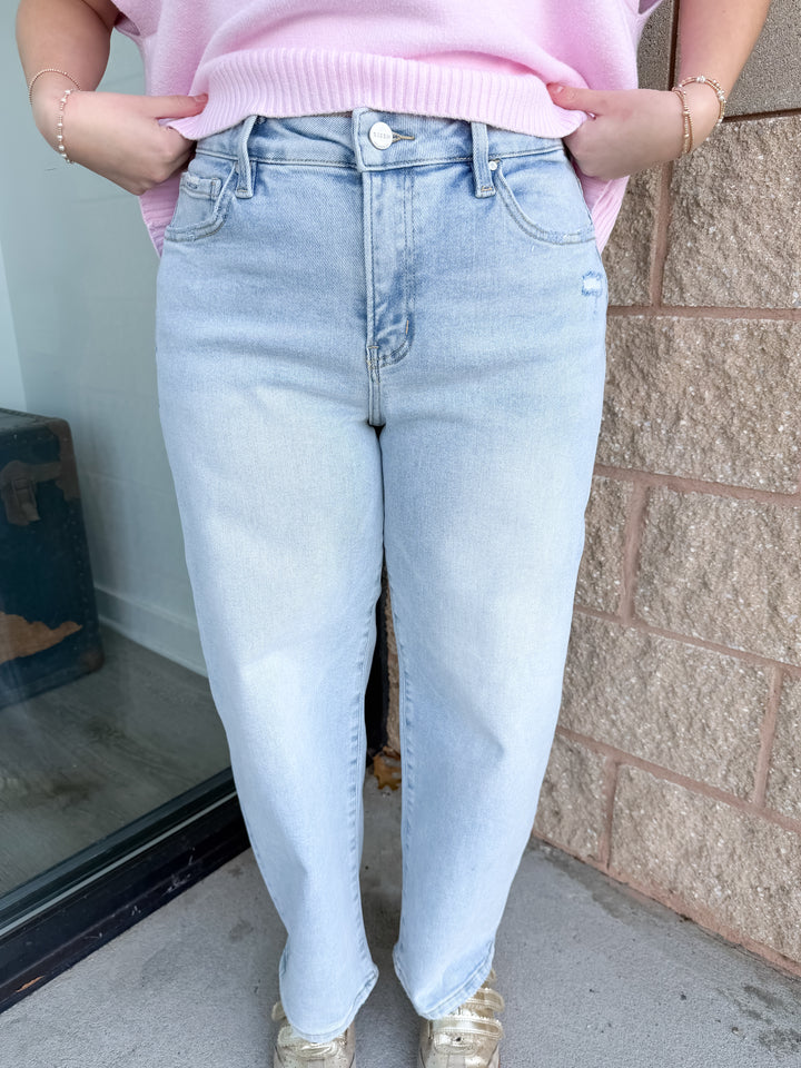 Risen Kathy - High Rise Crop Barrel Jeans - Light