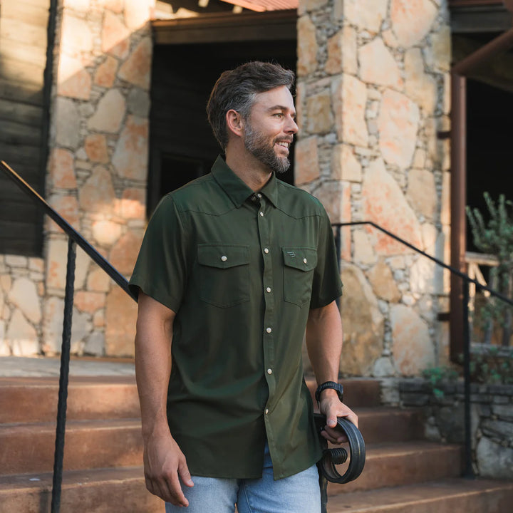 Burlebo Men’s Performance S/S Western Button Up - Mallard Green