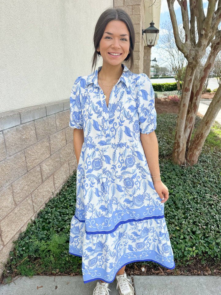 Eloise Dress - Porcelain Vines Blue